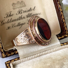 Cargar imagen en el visor de la galería, Antique Victorian 9ct Gold Garnet Ring. English Neoclassical Red Garnet Signet Ring. Engraved 9ct Rose Gold Bishop Style Ring Size Q UK/8 US