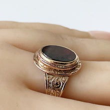 Cargar imagen en el visor de la galería, Antique Victorian 9ct Gold Garnet Ring. English Neoclassical Red Garnet Signet Ring. Engraved 9ct Rose Gold Bishop Style Ring Size Q UK/8 US
