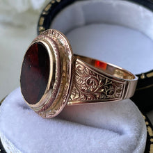 Cargar imagen en el visor de la galería, Antique Victorian 9ct Gold Garnet Ring. English Neoclassical Red Garnet Signet Ring. Engraved 9ct Rose Gold Bishop Style Ring Size Q UK/8 US