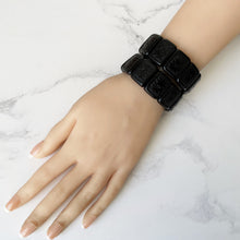 Cargar imagen en el visor de la galería, Antique Victorian Black Horn Mourning Bracelets. Pair Of Pressed Horn Floral Panel Stretch Bracelets. Original Victorian Mourning Jewellery