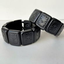 Cargar imagen en el visor de la galería, Antique Victorian Black Horn Mourning Bracelets. Pair Of Pressed Horn Floral Panel Stretch Bracelets. Original Victorian Mourning Jewellery