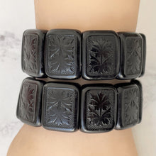 Cargar imagen en el visor de la galería, Antique Victorian Black Horn Mourning Bracelets. Pair Of Pressed Horn Floral Panel Stretch Bracelets. Original Victorian Mourning Jewellery