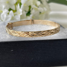 Cargar imagen en el visor de la galería, Vintage 9ct Gold Baby Bangle. Diamond Engraved Rolled Gold Childs Bracelet. English Expanding Adjustable Bangle. Baptismal, Christening Gift