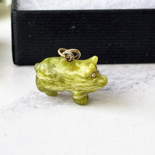 Cargar imagen en el visor de la galería, Victorian Carved Connemara Marble Pig Pendant Charm With Dog Clip. Antique Lucky Green Pig Necklace Pendant. Irish Green Good Luck Charm