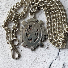 Load image into Gallery viewer, Victorian Heavy Sterling Silver Pocket Watch Chain Necklace. Antique Scottish Crest Pendant Fob &amp; Double Albert Curb Link Watch Chain.
