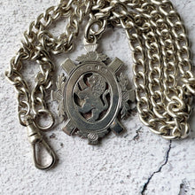 Charger l'image dans la galerie, Victorian Heavy Sterling Silver Pocket Watch Chain Necklace. Antique Scottish Crest Pendant Fob & Double Albert Curb Link Watch Chain.