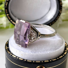 Lade das Bild in den Galerie-Viewer, Antique Art Deco Amethyst Silver Ring. Pointed Baguette Cut Purple Amethyst & White Topaz Gemstone Ring. 1920s Gemstone Ring, UK M, US 6.25