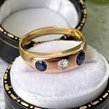 Carica l'immagine nel visualizzatore di Gallery, Antique 18ct Gold Mine Cut Diamond & Sapphire Gypsy Ring. Victorian 3 Stone Trilogy Band Ring. Antique Wedding, Anniversary, Stacking Ring