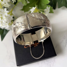 Load image into Gallery viewer, Vintage Harrods of London Sterling Silver Hinged Bangle. Engraved Forget-Me-Not English Silver Wide Cuff Bracelet, 1967. Sweetheart Bracelet