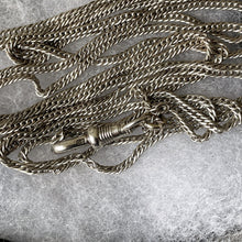 Cargar imagen en el visor de la galería, Antique Victorian Sterling Silver Guard Chain With Dog-Clip. Long 58"/146cm Sautoir Chaine Necklace. Victorian Muff/Pocket Watch Chain