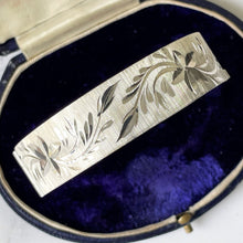 Cargar imagen en el visor de la galería, Vintage Floral Engraved Sterling Silver Bangle Bracelet. 1970s Sweetheart Bangle With Oversized British Hallmarks. Retro Statement Bracelet