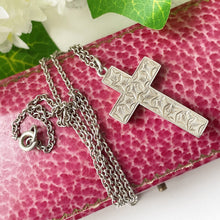 Lade das Bild in den Galerie-Viewer, Antique Victorian Sterling Silver Engraved Ivy Cross Pendant Necklace. Eternal Love Cross Pendant, Belcher Chain, Frances Baker, England