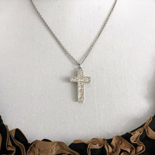 Lade das Bild in den Galerie-Viewer, Antique Victorian Sterling Silver Engraved Ivy Cross Pendant Necklace. Eternal Love Cross Pendant, Belcher Chain, Frances Baker, England