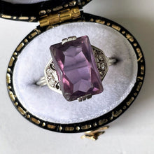 Lade das Bild in den Galerie-Viewer, Antique Art Deco Amethyst Silver Ring. Pointed Baguette Cut Purple Amethyst & White Topaz Gemstone Ring. 1920s Gemstone Ring, UK M, US 6.25