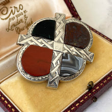 Load image into Gallery viewer, Victorian Scottish Silver & Agate Cross Brooch British Design Reg'd. 1867. Antique Quatrefoil, Saltire Cross Sterling Silver Celtic Brooch.
