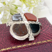 Load image into Gallery viewer, Victorian Scottish Silver & Agate Cross Brooch British Design Reg'd. 1867. Antique Quatrefoil, Saltire Cross Sterling Silver Celtic Brooch.