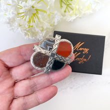 Load image into Gallery viewer, Victorian Scottish Silver & Agate Cross Brooch British Design Reg'd. 1867. Antique Quatrefoil, Saltire Cross Sterling Silver Celtic Brooch.