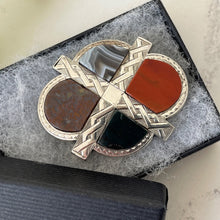 Load image into Gallery viewer, Victorian Scottish Silver & Agate Cross Brooch British Design Reg'd. 1867. Antique Quatrefoil, Saltire Cross Sterling Silver Celtic Brooch.