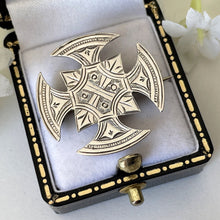 Lade das Bild in den Galerie-Viewer, Victorian Aesthetic Engraved Silver Canterbury Cross Brooch. Antique Medieval Cross Stock/Lapel/Cravat Pin. Devotional Victorian Jewellery
