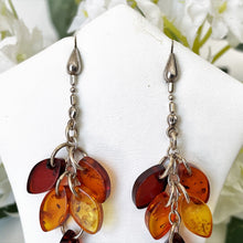 Lade das Bild in den Galerie-Viewer, Vintage Sterling Silver Baltic Amber Earrings. Marquise Beaded Dangle Drop Earrings. Honey & Cognac Mixed Amber Cluster Chandelier Earrings.