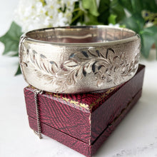 Load image into Gallery viewer, Vintage Harrods of London Sterling Silver Hinged Bangle. Engraved Forget-Me-Not English Silver Wide Cuff Bracelet, 1967. Sweetheart Bracelet