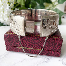 Load image into Gallery viewer, Vintage Harrods of London Sterling Silver Hinged Bangle. Engraved Forget-Me-Not English Silver Wide Cuff Bracelet, 1967. Sweetheart Bracelet