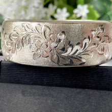 Load image into Gallery viewer, Vintage Harrods of London Sterling Silver Hinged Bangle. Engraved Forget-Me-Not English Silver Wide Cuff Bracelet, 1967. Sweetheart Bracelet