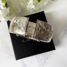 Load image into Gallery viewer, Vintage Harrods of London Sterling Silver Hinged Bangle. Engraved Forget-Me-Not English Silver Wide Cuff Bracelet, 1967. Sweetheart Bracelet