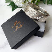 Load image into Gallery viewer, Vintage Harrods of London Sterling Silver Hinged Bangle. Engraved Forget-Me-Not English Silver Wide Cuff Bracelet, 1967. Sweetheart Bracelet