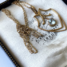 Lade das Bild in den Galerie-Viewer, Edwardian 9ct Gold Aquamarine Pendant Necklace. Art Nouveau Gold Openwork Necklace. Antique Pale Blue Gemstone Solitaire Pendant & Chain.
