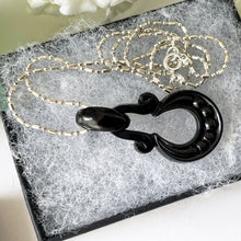 Lade das Bild in den Galerie-Viewer, Antique Victorian Whitby Jet Pendant Necklace. English Carved Jet Wedding Horseshoe Pendant, Silver Bead Chain. Good Luck Fertility Charm.