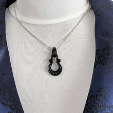 Lade das Bild in den Galerie-Viewer, Antique Victorian Whitby Jet Pendant Necklace. English Carved Jet Wedding Horseshoe Pendant, Silver Bead Chain. Good Luck Fertility Charm.
