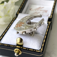 Lade das Bild in den Galerie-Viewer, Victorian Silver & Gold Horseshoe Brooch. Tri Colour Aesthetic Engraved Sweetheart Brooch, 1888. Antique Love Token Lapel/Cravat/Stock Pin