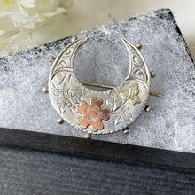 Lade das Bild in den Galerie-Viewer, Victorian Silver & Gold Horseshoe Brooch. Tri Colour Aesthetic Engraved Sweetheart Brooch, 1888. Antique Love Token Lapel/Cravat/Stock Pin