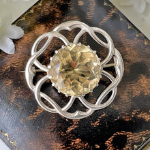 Lade das Bild in den Galerie-Viewer, Vintage Scottish Silver Citrine Brooch. Celtic Knot Cairngorm Brooch, Thomas Ebbutt, Edinburgh. Sterling Silver Eternity/Love Knot Lapel Pin