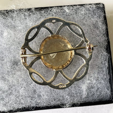 Lade das Bild in den Galerie-Viewer, Vintage Scottish Silver Citrine Brooch. Celtic Knot Cairngorm Brooch, Thomas Ebbutt, Edinburgh. Sterling Silver Eternity/Love Knot Lapel Pin