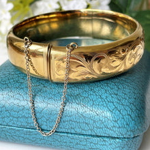 Carica l'immagine nel visualizzatore di Gallery, Antique 12ct Rolled Gold Engraved Bangle, Original Box. Edwardian Floral Engraved 12K Gold Fill Hinged Cuff Bracelet In Antique Jewelry Case
