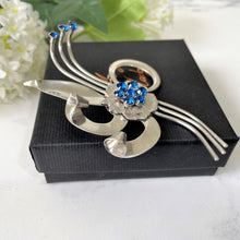Load image into Gallery viewer, Huge Vintage 1940s Sterling Silver Retro Flower Brooch. Blue Crystal Rhinestone Statement Corsage Pin, Dorsons - Dorel USA. Art Deco Jewelry
