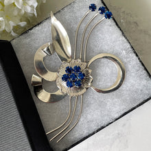 Load image into Gallery viewer, Huge Vintage 1940s Sterling Silver Retro Flower Brooch. Blue Crystal Rhinestone Statement Corsage Pin, Dorsons - Dorel USA. Art Deco Jewelry