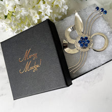 Load image into Gallery viewer, Huge Vintage 1940s Sterling Silver Retro Flower Brooch. Blue Crystal Rhinestone Statement Corsage Pin, Dorsons - Dorel USA. Art Deco Jewelry