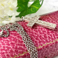 Lade das Bild in den Galerie-Viewer, Antique Victorian Sterling Silver Engraved Ivy Cross Pendant Necklace. Eternal Love Cross Pendant, Belcher Chain, Frances Baker, England