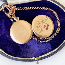 Load image into Gallery viewer, Antique Edwardian Rose Gold Pearl & Ruby Locket. Floral Engraved 9ct Rolled Gold Locket On Chain. Round Photo Locket Pendant Necklace.