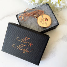 Load image into Gallery viewer, Antique Edwardian Rose Gold Pearl & Ruby Locket. Floral Engraved 9ct Rolled Gold Locket On Chain. Round Photo Locket Pendant Necklace.