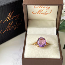 Lade das Bild in den Galerie-Viewer, Vintage 1970s 9ct Yellow Gold Amethyst Solitaire Ring. Fat Oval 6 Carat Purple Amethyst Cocktail Statement Ring. Size K-1/2, US 5.5