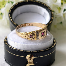 Carica l'immagine nel visualizzatore di Gallery, Antique 18ct Gold Mine Cut Diamond & Ruby Ring, Chester 1903.  Antique Edwardian/Victorian Half Hoop Band, Stacking, Pinky Ring UK P/US 7.75