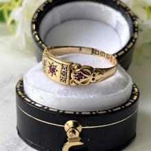 Carica l'immagine nel visualizzatore di Gallery, Antique 18ct Gold Mine Cut Diamond & Ruby Ring, Chester 1903.  Antique Edwardian/Victorian Half Hoop Band, Stacking, Pinky Ring UK P/US 7.75