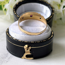 Carica l'immagine nel visualizzatore di Gallery, Antique 18ct Gold Mine Cut Diamond & Ruby Ring, Chester 1903.  Antique Edwardian/Victorian Half Hoop Band, Stacking, Pinky Ring UK P/US 7.75