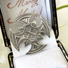 Lade das Bild in den Galerie-Viewer, Victorian Aesthetic Engraved Silver Canterbury Cross Brooch. Antique Medieval Cross Stock/Lapel/Cravat Pin. Devotional Victorian Jewellery