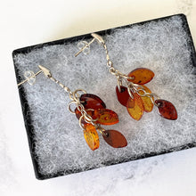 Lade das Bild in den Galerie-Viewer, Vintage Sterling Silver Baltic Amber Earrings. Marquise Beaded Dangle Drop Earrings. Honey & Cognac Mixed Amber Cluster Chandelier Earrings.