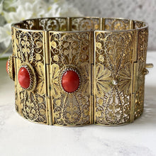 Load image into Gallery viewer, Antique 15ct Gold Precious Red Coral Bracelet. Victorian/Edwardian Filigree Cuff Bracelet. Etruscan Revival Natural Coral Wide Bracelet.
